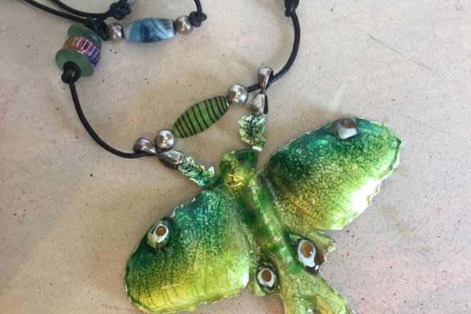 Jan Forkert makes Luna Moth necklace.
