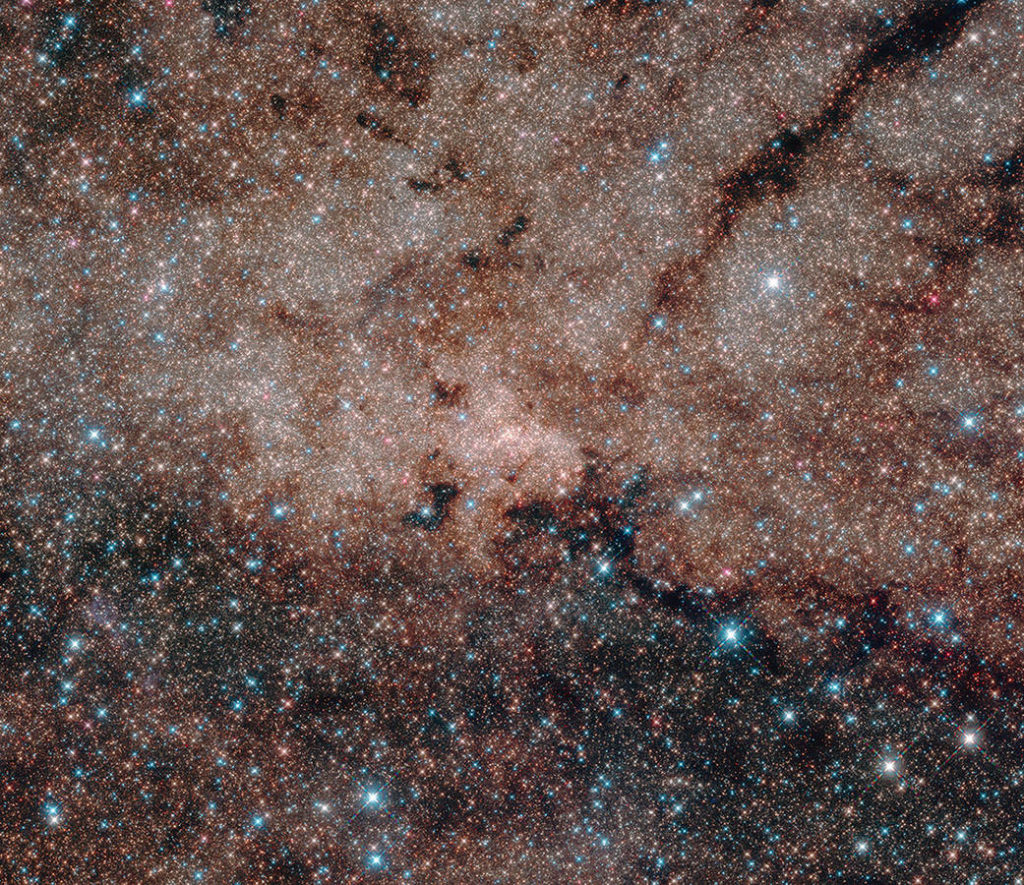 This shot from the NASA/ESA Hubble Space Telescope shows a maelstrom of glowing gas and dark dust within one of the Milky Way’s satellite galaxies, the Large Magellanic Cloud. Image credit: ESA/Hubble & NASA.